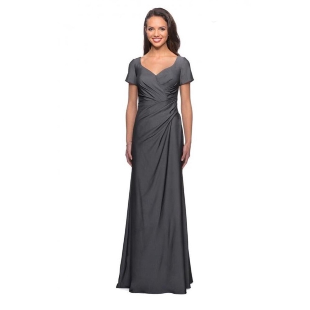 NEW La Femme 27855 Portrait Neckline Short Sleeve Dress Gunmetal Size 8